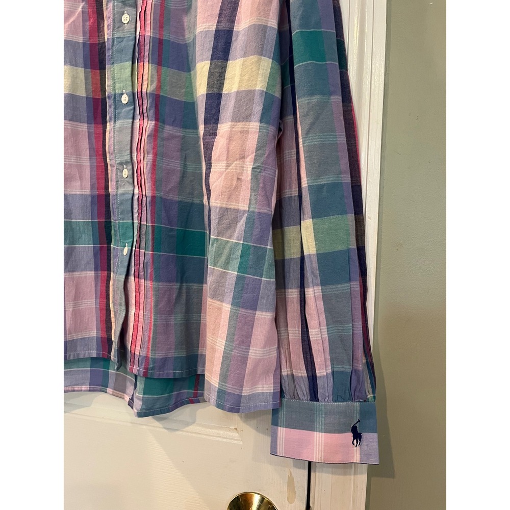 Polo Ralph Lauren Plaid Ruffle Collar Blouse Pink Blue Purple Cotton Top S b7 - Picture 2 of 7